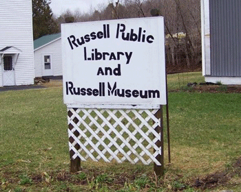 Sign for the Town of 

Russell Public Library.
